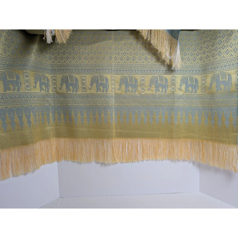 Handmade Thai Golden Elephant Blue & Gold Rectangle Tablecloth Fringe 40x78